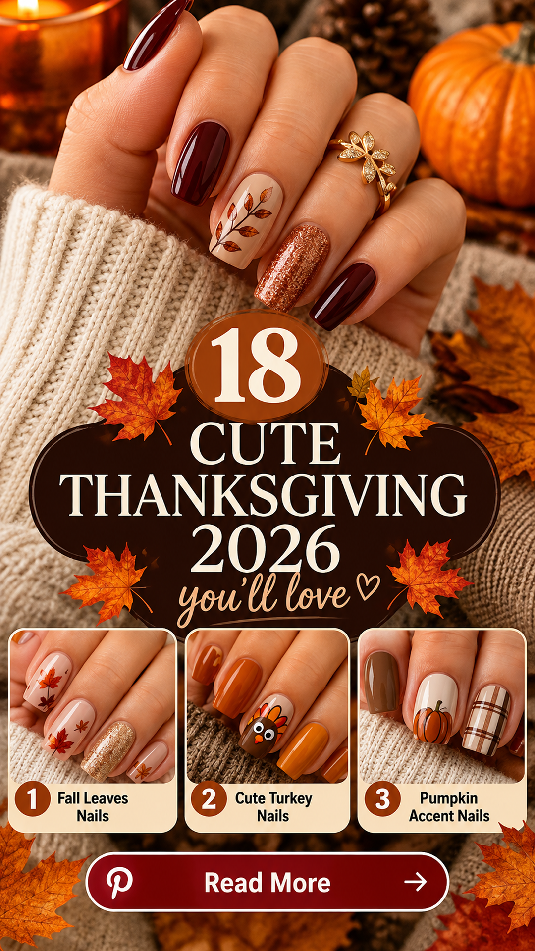 18 Cute Thanksgiving Nails 2026: Autumn Leaves, Pumpkins & Cozy Colors